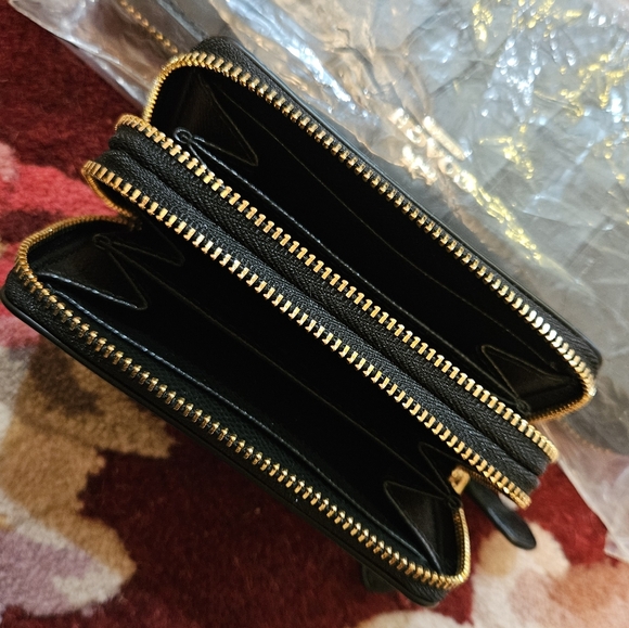 Coach Cross Grain Leather Double Zip Coin Case Black Light Gold Tone Hdwr NWT - Picture 13 of 15